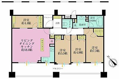 間取り：4LDK、専有面積91.01?、バルコニー面積23.58?