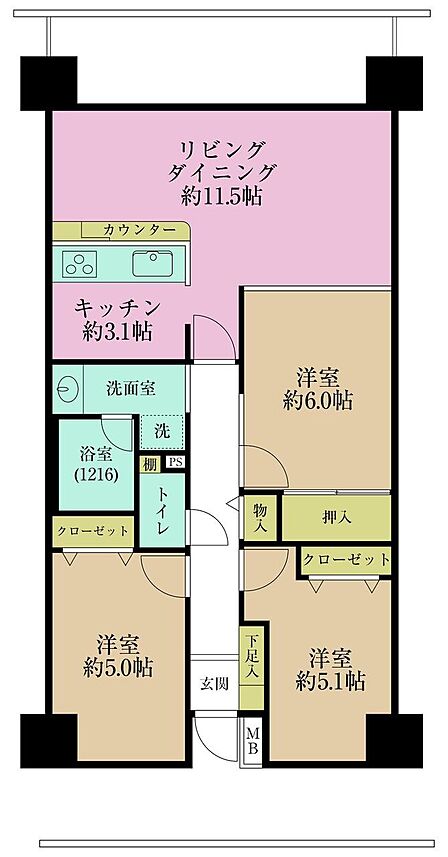 3LDK、専有面積68.45?、バルコニー面積10.98?
