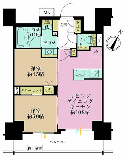 2LDK、専有面積47.03?、バルコニー面積8.65?