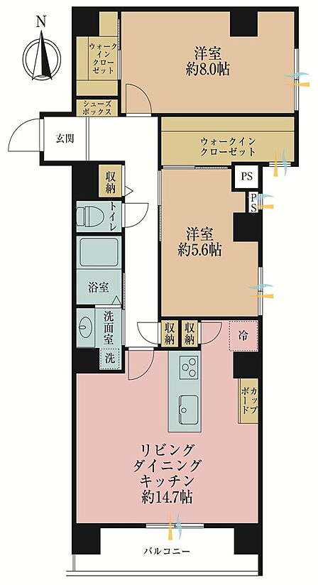 2LDK、専有面積74.66?、バルコニー面積5.5?