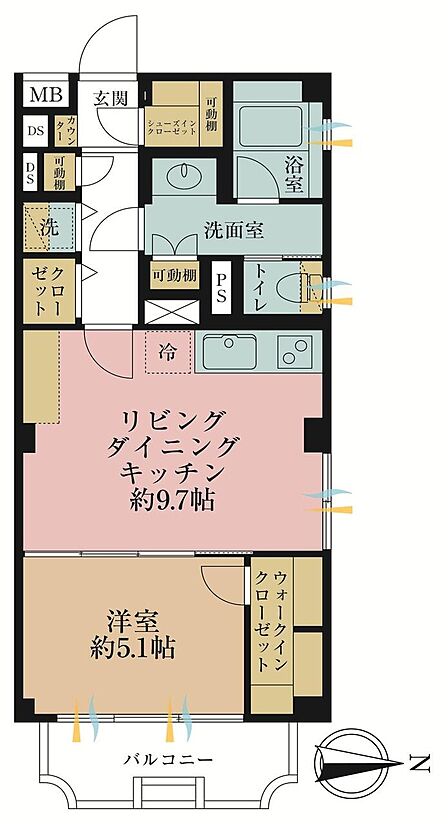 1LDK、専有面積45?、バルコニー面積5.05?
