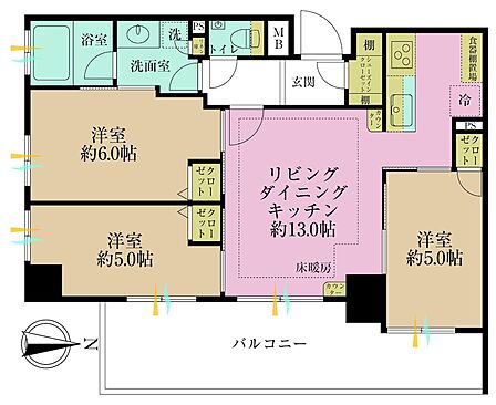 3LDK、専有面積61.83?、バルコニー面積15.21?