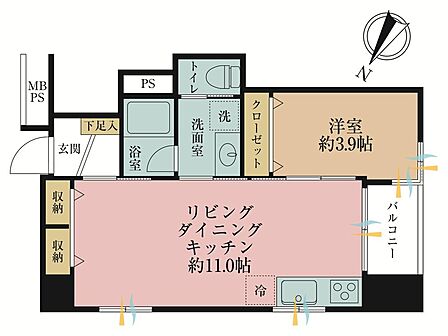 1LDK、専有面積37.92?、バルコニー面積3.1?