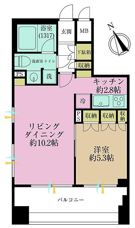 1LDK、専有面積42.79?、バルコニー面積10.03?
