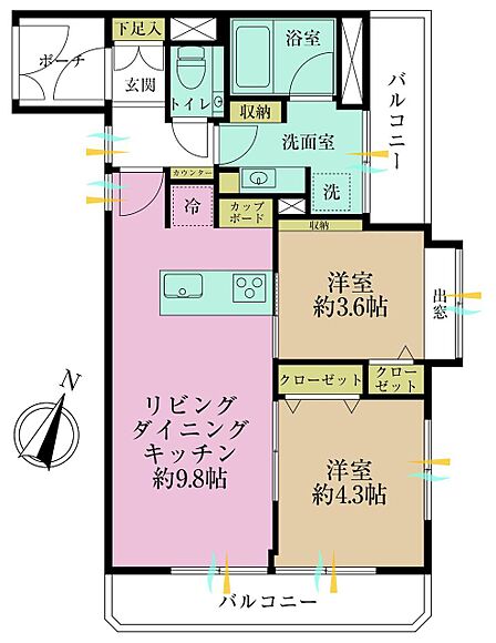 2LDK、専有面積43.82?、バルコニー面積8.2?