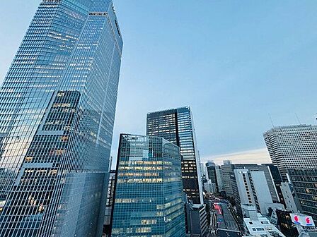 広い空と遠くにそびえ立つビルディング。開放感も眺望も兼ね備えたバルコニーです。