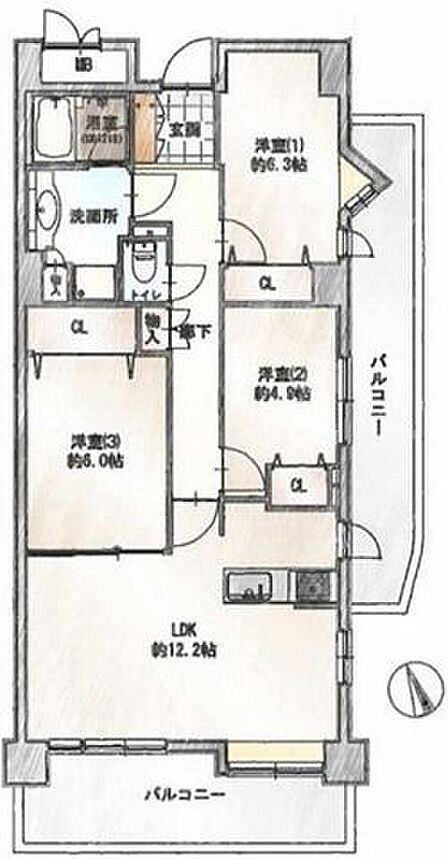 角部屋につき明るく風通しの良い室内。各所に収納を設けており荷物が多い方も安心です。