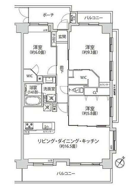 バルコニーに面した明るいLDK!人気の対面式対面式キッチン。大容量WICもございます。
