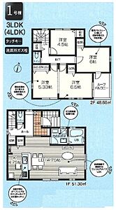 間取り：全居室収納付きの3LDK。キッチン横、1・2階廊下にも収納スペースございます。