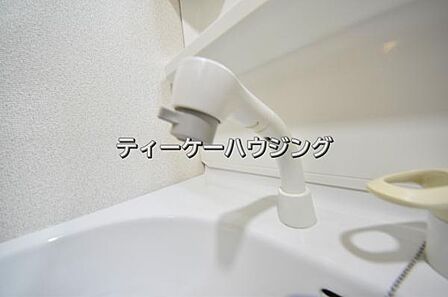 引き出して使えるシャワー付きシングルレバー混合水栓も嬉しい設備です。