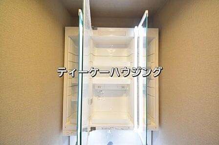 三面鏡の裏には収納がたっぷり。洗面室をすっきりきれいに使えます。