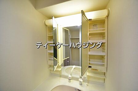 鏡の裏には収納がたっぷり。洗面室をすっきりきれいに使えます。