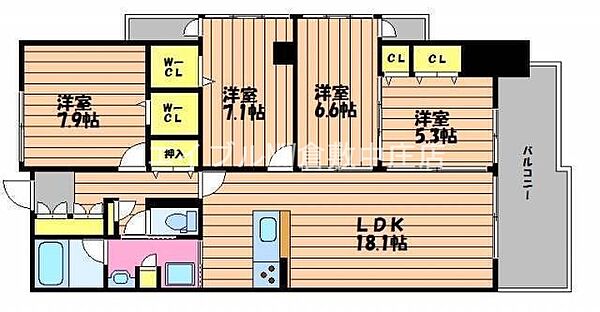 岡山県倉敷市西中新田(賃貸マンション4LDK・4階・97.33㎡)の写真 その2