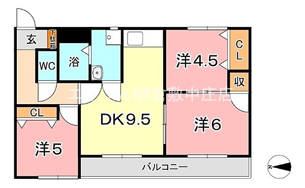 岡山県倉敷市白楽町(賃貸マンション3DK・2階・59.46㎡)の写真 その2