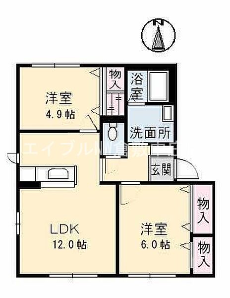 ミレリサイア　B棟 ｜岡山県倉敷市日吉町(賃貸アパート2LDK・1階・54.07㎡)の写真 その2