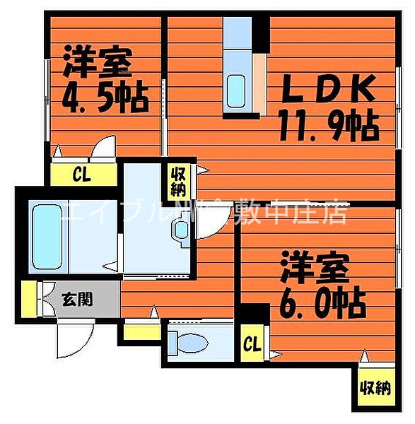 シャーメゾン笹沖 ｜岡山県倉敷市笹沖(賃貸アパート2LDK・1階・53.29㎡)の写真 その2