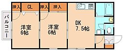 コスモビュー下三緒 2DKの間取図画像