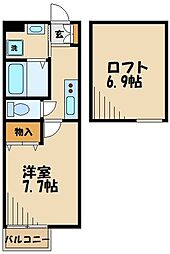 プランドールK2 1Kの間取図画像
