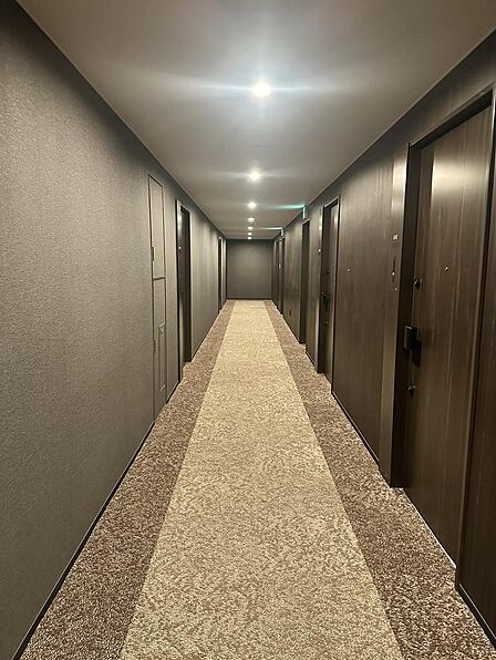 高級ホテルを思わせる内廊下設計を採用。外部からの視線や雨風の影響を受けにくく、プライバシー性と快適性に配慮された共用空間です。落ち着いた色調とカーペット敷きの上質な設えが、住まいの品格を高めています。