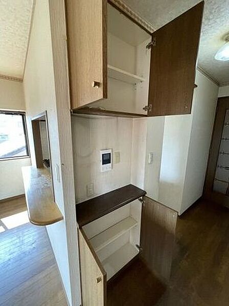 リビング収納：キッチン横にあるリビング収納です。便利グッズを使って、空間を有効活用して収納スペースをさらに増やすことができそうです。
