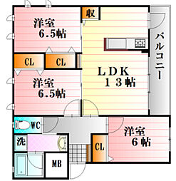 キャピタル岡本2 3LDKの間取図画像