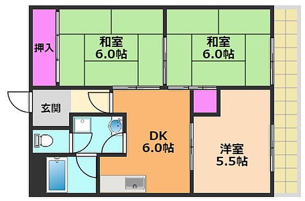 サンワロイヤルマンション2号館 ｜大阪府高槻市富田町6丁目(賃貸マンション3DK・2階・51.03㎡)の写真 その2