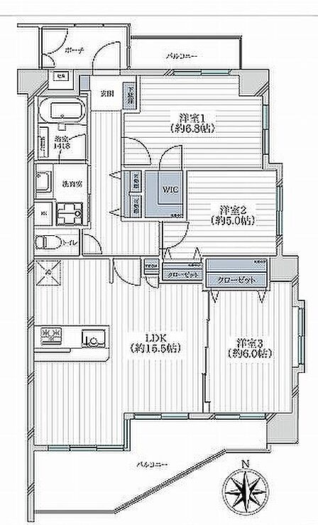 専有面積:75.18m2 バルコニー面積:12.68m2 南向き3方角住戸 2面バルコニー 専用ポーチ 新規リノベ―ション済み