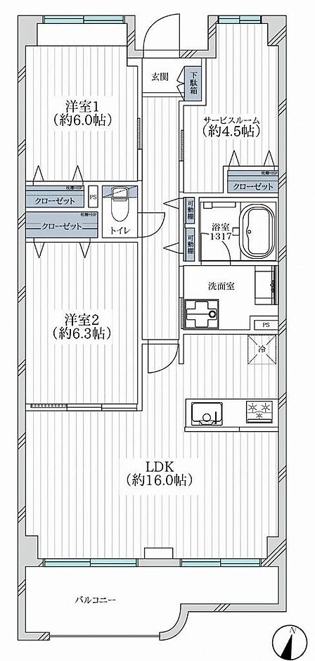 専有面積:71.71m2 バルコニー面積:8.62m2 2LDK+Sタイプ 南東向き5階住戸