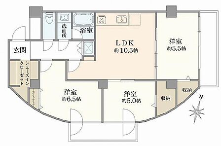 専有面積:74.26m2 バルコニー面積:7.45m2 南と東の角住戸 2面バルコニー 新規リノベーション済み