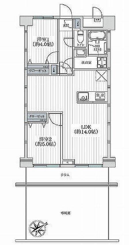 専有面積：５２．３８ｍ２　専用庭面積：１９．４４ｍ２　南東向き２ＬＤＫタイプ　新規リノベーション済み