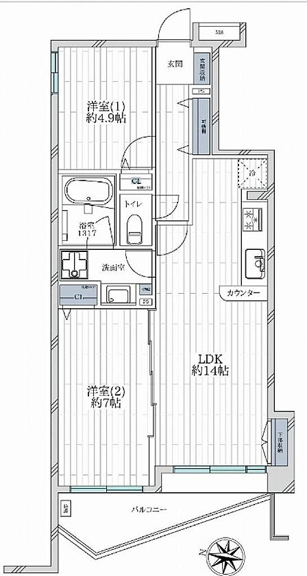 専有面積:55.64m2 バルコニー面積:7.17m2 2LDKタイプ 3階住戸 新規リノベーション済み 眺望良好