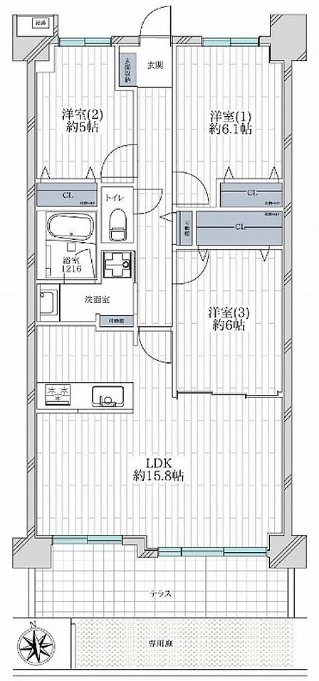 専有面積:74.25m2 専用庭面積:7.60m2 テラス面積:9.93m2 南向きテラス・専用庭付住戸 新規リノベーション