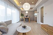 LDの南西側にタイル調のアクセントウォールを設置。フローリングカラーに合わせた落ち着いた色調です。モダンで洗練された雰囲気と、空間に奥行きを感じさせてくれます。