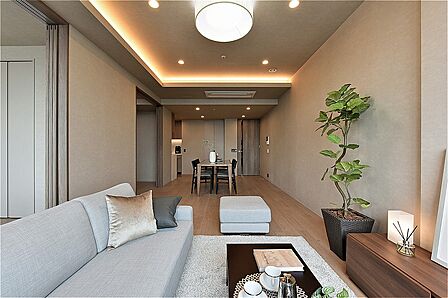 折り上げ天井と間接照明を採用した、おしゃれな空間です。23階部分に位置しているので、外の視線を感じにくく、ご家族団らんの時間を過ごせます。