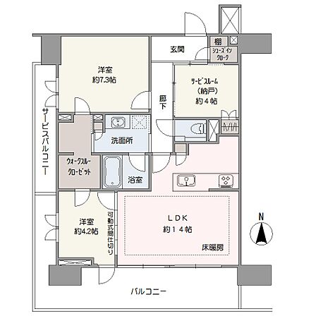 階下への生活音が気になりにくい2階部分の南西角住戸。LDKから隣接した洋室のクローゼットを通り抜け、洗面所、廊下へと回遊できる家事動線良好な間取り設計です。