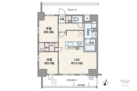 間取りは専有面積60.84平米の2LDK。LDK約15.0帖の縦長リビングのプラン。
