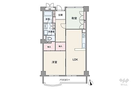 間取りは専有面積61.73平米の2LDK。バルコニー面積は8.16平米です。