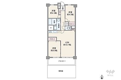 間取り:間取りは専有面積64.62平米の3LDK。専用庭付き、LDK約12.7帖のプラン。バルコニー面積は8平米(概算)です。 間取り:間取りは専有面積64.62平米の3LDK。専用庭付き、LDK約12.7帖のプラン。バルコニー面積は8平米(概算)です。