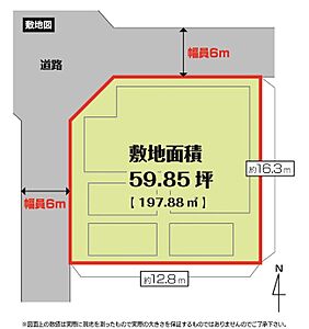 区画図：売地５９．８５坪新築用地、人気の城東エリアで角地、各道路幅員６ｍ