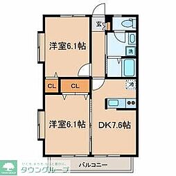 ベルハウス貫井B 2DKの間取図画像