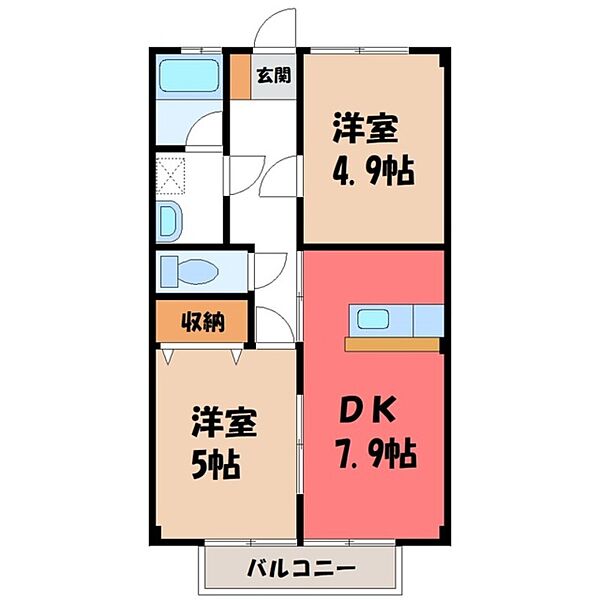 栃木県栃木市柳橋町(賃貸マンション2DK・1階・41.90㎡)の写真 その2