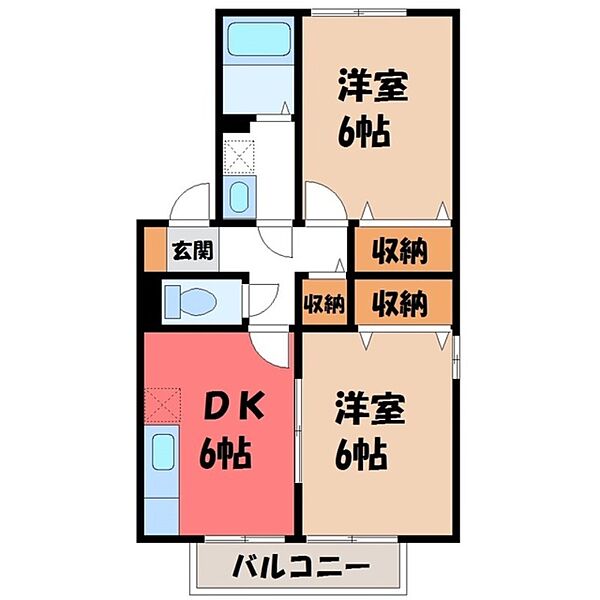 栃木県小山市若木町1丁目(賃貸アパート2DK・1階・45.42㎡)の写真 その2