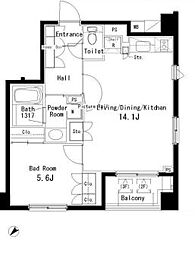 都営大江戸線 六本木駅 徒歩9分の賃貸マンション 1階1LDKの間取り