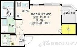 ハーモニーテラス淡路II 1階ワンルームの間取り