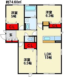 オリーブ学研台B 3LDKの間取図画像