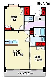 ルワージュ八幡駅前1 2LDKの間取図画像