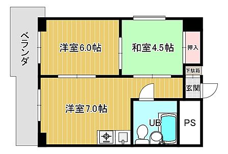 洋室2部屋と和室1部屋を備えた2DKの間取り。L字型のベランダは広々としており、開放感が魅力です。独立洗面台付きで身支度もスムーズに。