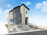 石目調のアクセントが印象的な外観デザイン。カースペースは3台駐車可能です。