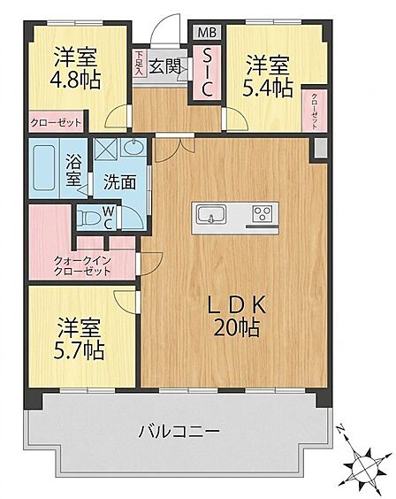 20帖の広々LDKが魅力の3LDK。ウォークインクローゼットやSICなど収納も充実し、快適な暮らしをサポートします。バルコニー付きで開放感も満喫。