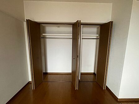 衣類や荷物をすっきりと収納できるクローゼットが2つ並んだお部屋。床は落ち着いた色合いのフローリングです。